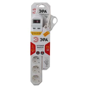 USF-5es-1.5m-USB-W Сетевой фильтр ЭРА (белый) с заземл, 3x0,75мм2, с выкл, 5гн+2USB, 1.5м - купить в Донецке